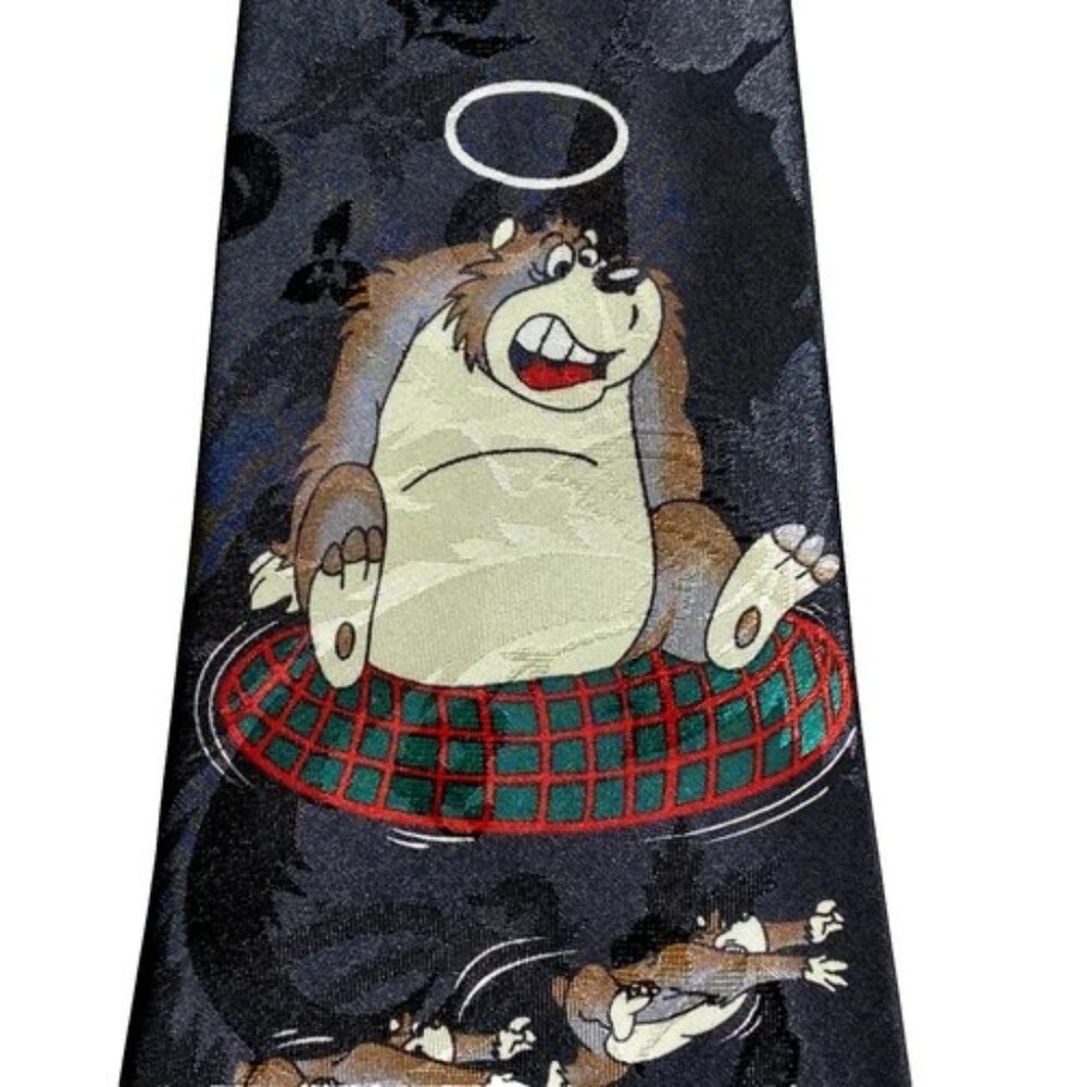 Dino Romaro Men's Silk Tie Honest Bear Novelty Black Halographic Korea Handmade